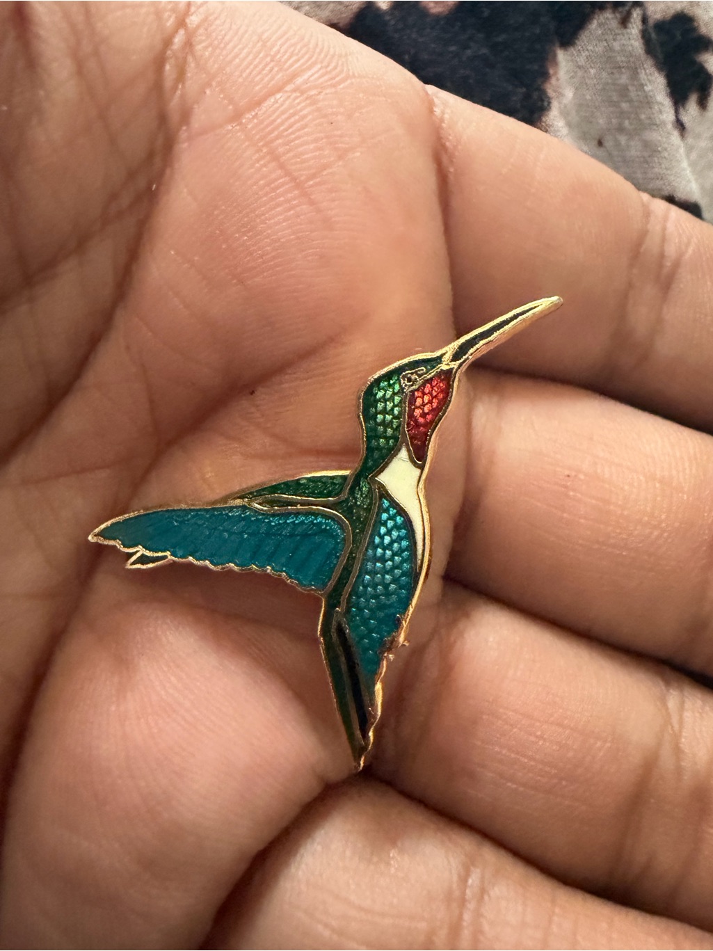 William Spear 1995 Enamel Hummingbird Brooche- Teal, Green & Red